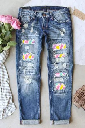 Womens Cute Bunny Print Jeans Destroyed Patchwork Denim Pants