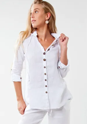 Women's Linen Fitted Shirt with Coconut Buttons and Hood | 100% Natural Italian Style in White, Item #8027