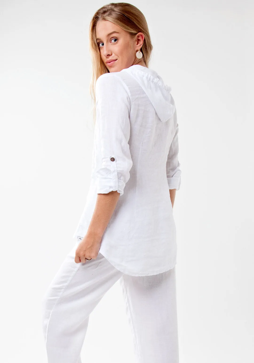 Women's Linen Fitted Shirt with Coconut Buttons and Hood | 100% Natural Italian Style in White, Item #8027