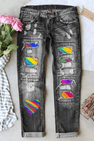 Women's Rainbow Patch Jeans Ripped Boyfriend Distressed Denim Pants