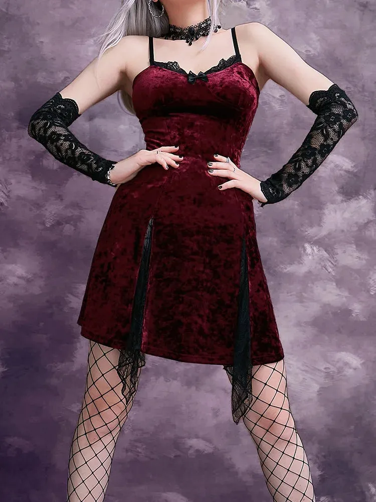 Y2K Vintage Mini Grunge Slit Gothic Velvet High Waist Mesh Clubwear Dark Emo Lolita Aesthetic Partywear Sexy Outfit